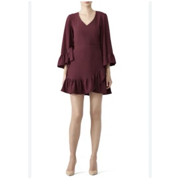 DREW Merlot Mai Wine Faux Wrap Drape Sleeve Front Mini Dress Size Small - Picture 1 of 13